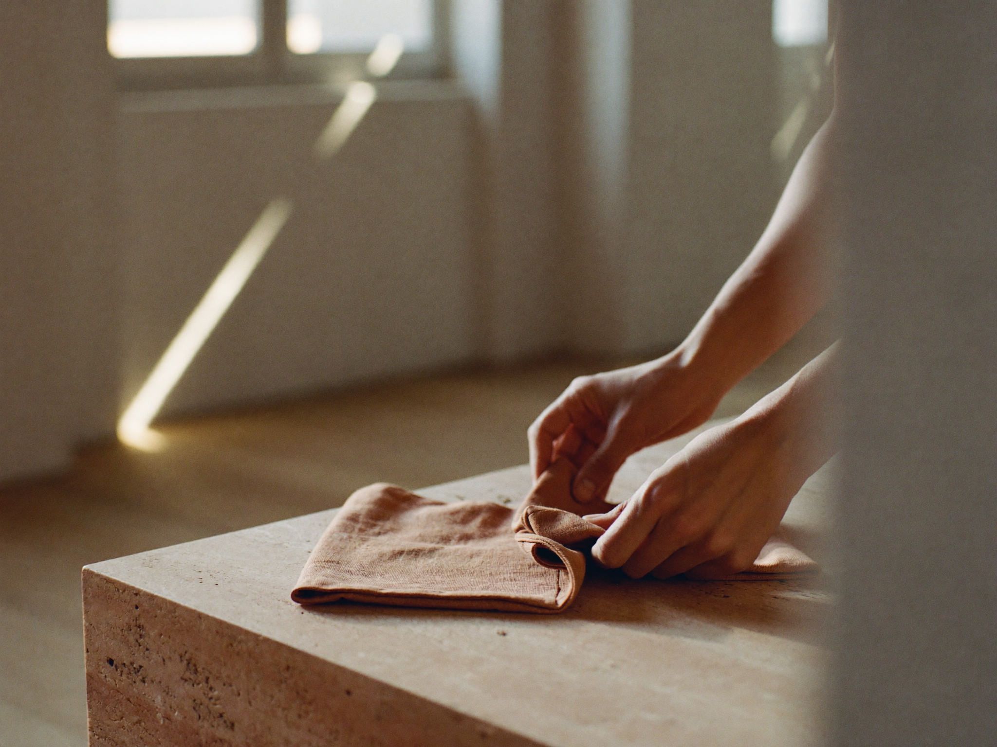 Zwei Hände falten sorgfältig ein kleines Leinen-Kleidungsstück auf einer Travertin-Arbeitsfläche in einem warmen, minimalistischen Atelier